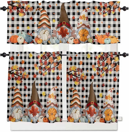 Thanksgiving Gnomes Kitchen Curtain Set, Fallen Maple Leaf Pumpkin Black Plaid by Unknown
