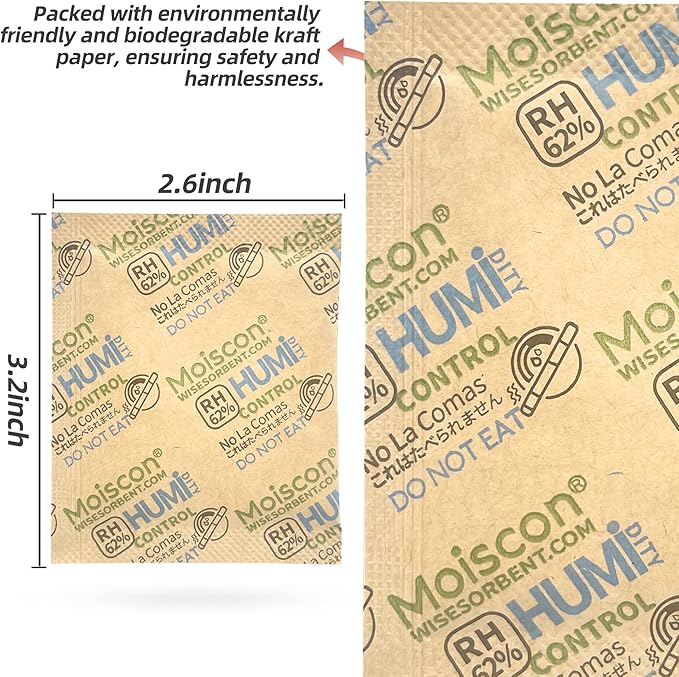 Wisesorb 62% Size 8 Two-Way Humidity Control Packs, 75 Pack 8 Gram for Storing 1 oz, Moisture Control Packets Individually Wrapped