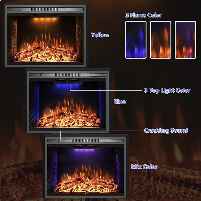 Velaychimny 42" Electric Fireplace Insert with Metal Trim Kit, Adjustable Flame, Fire Crackling Sound, Top Light Colors, Timer, Glass Door & Mesh Screen, Black