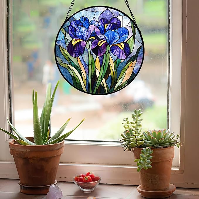 CRISGIF Stained Glass Window Hanging - Blue Purple Iris Flower Suncatcher for Door Garden Patio Sun Catchers Decor Christmas Mother's Day Birthday Gifts for Women Men Mom Nana Aunt Friend 15 in