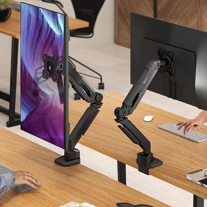 ONKRON Single Monitor Desk Mount for 13-34 Inch Screens, Up to 22 lbs, PC Monitor Arm, Gas Spring, 75x75 & 100x100 VESA, Full Motion, Black