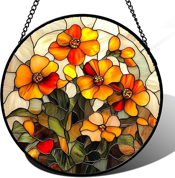 CRISGIF Stained Glass Window Hanging - Orange Marigolds Flowers Suncatcher for Door Garden Yard Sun Catchers Decor Christmas Mother's Day Birthday Gifts for Women Mom Nana Girlfriend Men 7.8 in