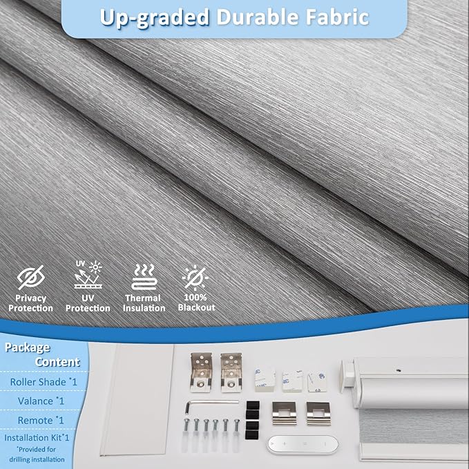 MANSNIX Smart Motorized Blinds with Remote, Cordless No-Drill Automatic Roller Shades, Blackout Electric Blind for Windows, Grey, 48.5 x 72