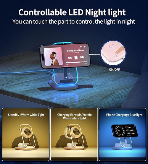 3 in 1 Magnetic Wireless Charging Station for Apple Devices, Fast Foldable Travel Mag-Safe Charger Stand with Night Light for iPhone 17 16 15 14 13 12 Series, Apple Watch/AirPods Pro, PK