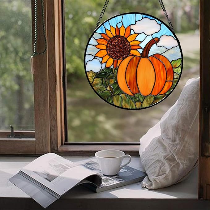 DASTOLL Stained Glass Window Hanging Fall Farm Scenery Sunflower Pumpkin 9.8" - Suncatcher Door Garden Kitchen Sunroom Sun Catcher Home Decor Birthday for Mom Grandma Men Woman