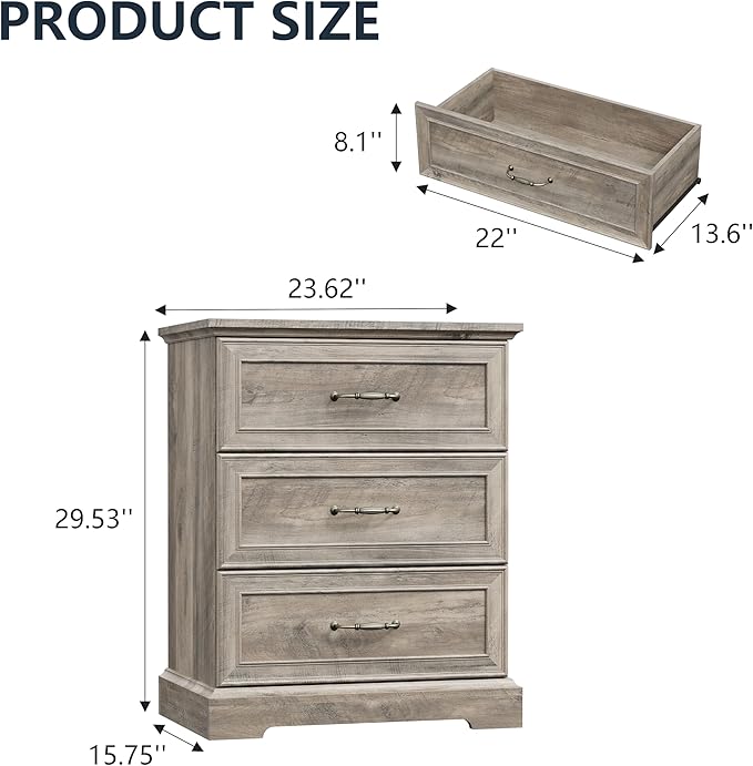 Nightstand with 3 Large Drawers,24" Wide End Table with Metal Handles,Rustic Farmhouse Wood Small Dresser,Bedside Table,Modern Chest of Drawers for Bedroom,Living Room,Grey