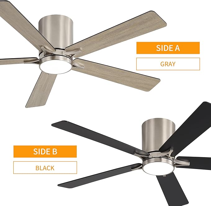 WINGBO 48" DC Flush Mount Ceiling Fan with Lights, 6-Speed Reversible DC Motor, 3CCT, Low Profile Hugger Ceiling Fan for Living Room Bedroom Kitchen, Nickel Finish and Black/Gray Blades