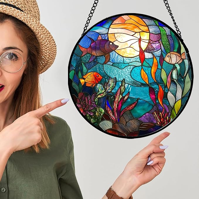 AMDERVEN Stained Glass Window Hanging - Blue Ocean World Small Fish Coral Sun Catcher for Door Garden Home Decor Sea Suncatcher Christmas Mother's Day Birthday Gifts for Women Men Mom Nana 15 in