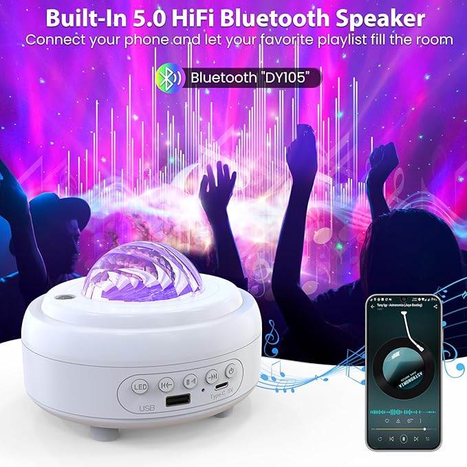 HUMIIEYE Galaxy Projector with Bluetooth Speaker, Night Light Star Projector for Bedroom, 8 Modes Northern Lights Aurora Projector with Moon, Mood Ambient Lighting for Kids Adults Room, Cord Powered
