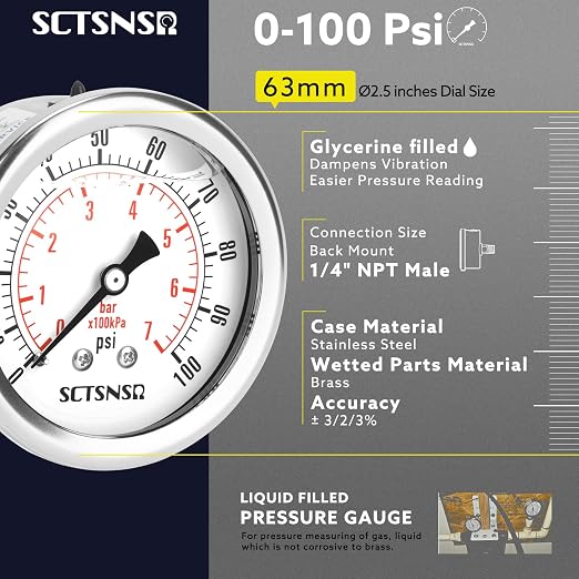 2-1/2" Dial Size, 0-100 Psi Pressure Gauge, Glycerin Liquid Filled, 1/4" NPT - Image 2