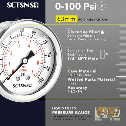 2-1/2" Dial Size, 0-100 Psi Pressure Gauge, Glycerin Liquid Filled, 1/4" NPT - Image 2