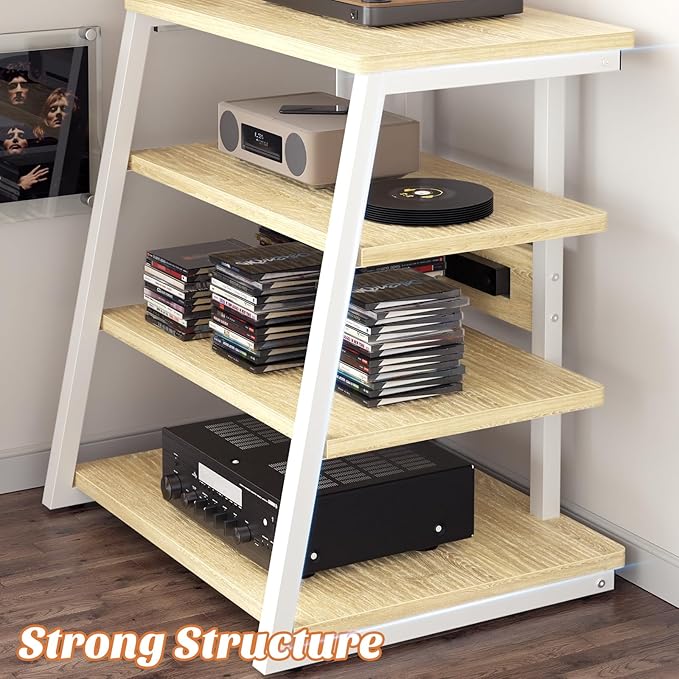 Besiost AV Media Stand with Outlets, Media Console with LED Lights, Stereo Racks and Stands with Storage Shelves, Media Audio Tower Cabinet, Natural Oak and White