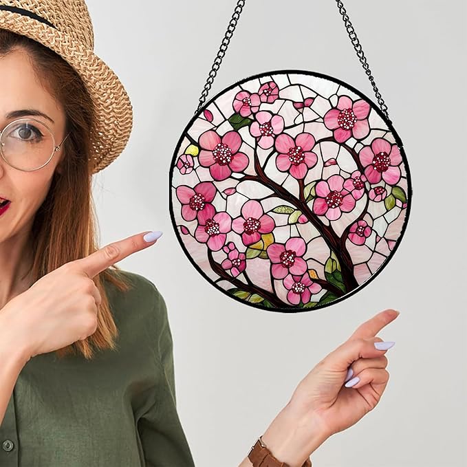 CRISGIF Stained Glass Window Hanging - Cherry Blossoms Birth Flower Suncatcher for Door Garden Patio Sun Catchers Decor Christmas Mother's Day Birthday Gifts for Women Mom Nana Friend Wife 9.8 in