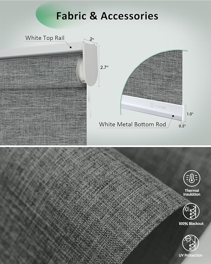 Yoolax Motorized Blinds App Control, Blackout Roller Shades for Windows, Cordless Automatic Shades Roller Window Blinds for Bedroom Living Room Office (Blackout Ashfall Gray, 27" W x 72" H)