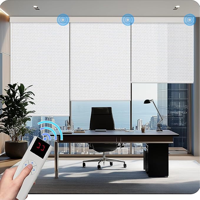 COOLWINDS Motorized Blinds with Remote Cordless Automatic Motorized Shades Custom Blinds for Windows Smart Curtains Compatible with Alexa Google Home(3% Solar White,W26 x H72in)