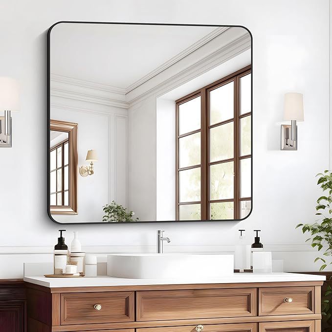 Bathroom Mirror, 39x39 inch Black Square Wall Mirror, Metal Frame Rounded Corner Vanity Mirror, Large Wall Mounted Mirror for Modern Bedroom Living Room Horizontal Or Vertical Mounting