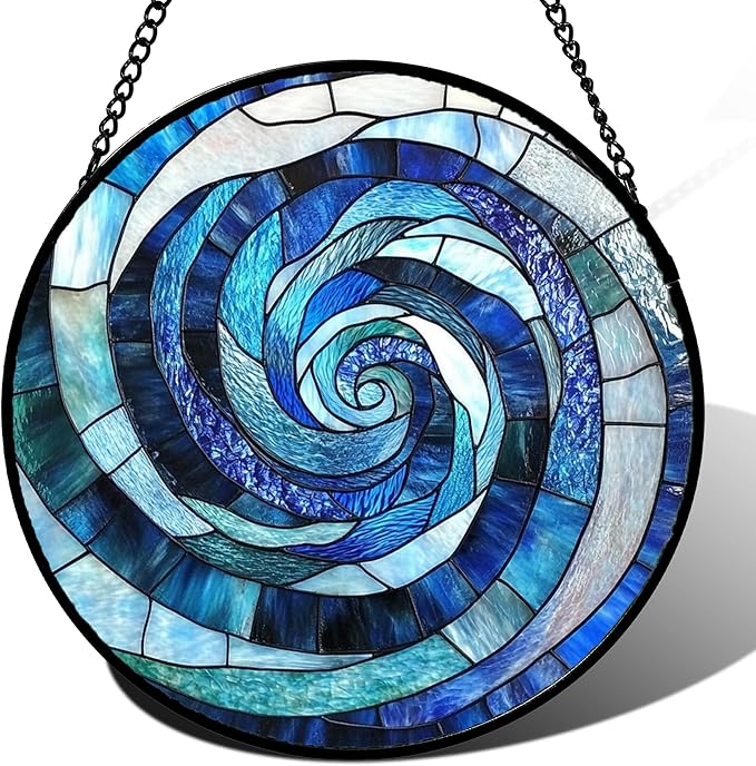 CRISGIF Stained Glass Window Hanging - Blue Abstract Swirl Suncatcher for Doors Garden Patio Unique Sun Catchers Decor Christmas Mother's Day Birthday Gifts for Women Men Mom Nana Friend 15 in