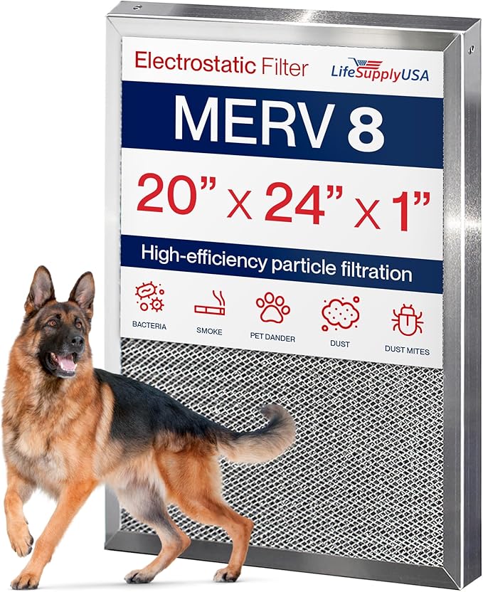 20x24x1 Electrostatic Air Filter, MERV 8, Reusable Furnace AC/HVAC Filter by LifeSupplyUSA