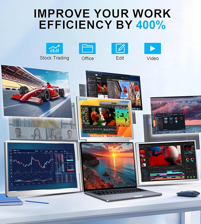FOPO 16" Laptop Screen Extender Monitor Portable, Quad Monitor, Just 1 Cable for 3 Screens, FHD 1200P IPS Laptop Extender Compatible with Wins/Mac for 13.6" - 18.5" Laptops