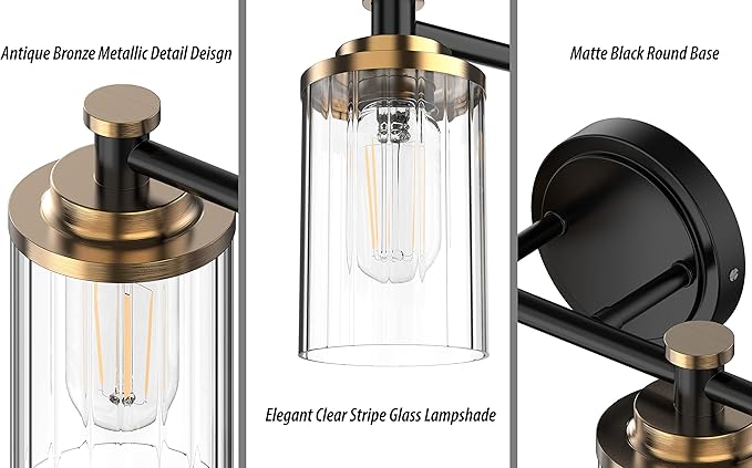 PHIXART Bathroom Lighting Fixtures Black and Gold Bathroom Vanity Light with Cylindrical Clear Stripes Glass Lampshade E26 Socket Base Bathroom Lighting Fixtures Over Mirror (4 Lights)