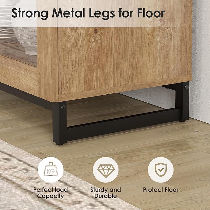 WAMPAT Modern TV Stand with Glass Doors for 32-70 inch TVs, Farmhouse Entertainment Center Media TV Console with Adjustable Shelves for Living Room, Bedroom, Oak