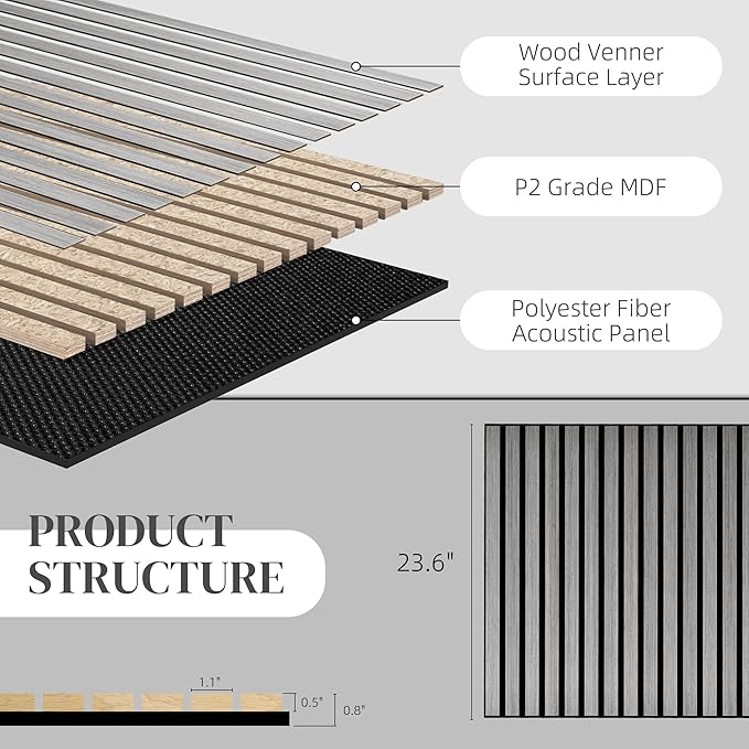 HOMCOM 4 Pack 3D Acoustic Panels, 24" x 24" Soundproof Wood Panels for Wall, Wood Slat Wall Paneling for Interior Ceiling, Office, Home Theater, Studio, Gray