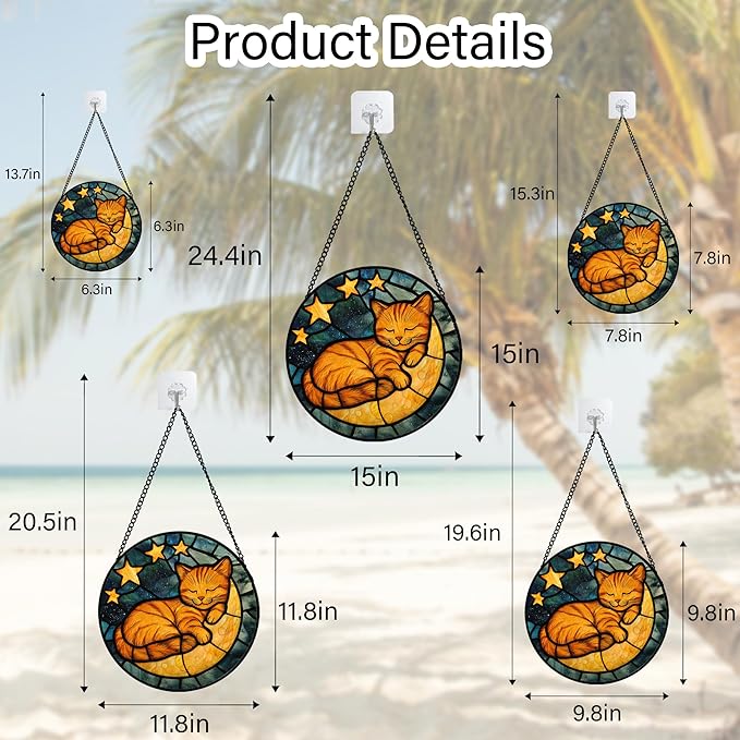 AMDERVEN Stained Glass Window Hanging - Orange Cat Sun Catcher for Door Home Decor Stars and Moon Suncatcher Christmas Mother's Day Birthday Loss of a Pet Gifts for Women Men Mom Nana 11.8 in