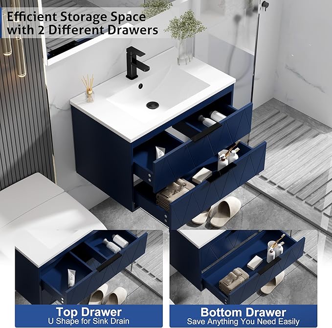 eclife 24" Bathroom Vanities Cabinet with Sink Combo, Wall Mounted Floating Cabinet W/Decor Line, Soft-Close System, 2 Extra Big Drawers, Matte Black Faucet, Navy Blue