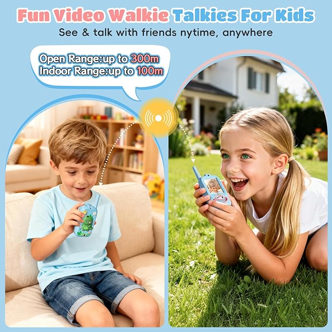 Video Walkie Talkies for Kids – Kids Walkie Talkies 2 Pack with Cute Silicone Cover, Voice Changer, 1000FT Range, Fun Indoor Outdoor Toys – Birthday Gift for Boys and Girls Ages 3-10（Blue+Blue）