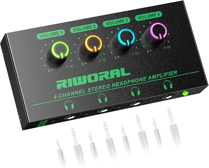 Riworal 4 Channels Headphone Amplifier with 3.5mm/6.35mm/ TRS Jack Input for Dj Mixer Amps Splitter with 8 Output Ports Separate Volume Control Output for Speaker Or Monitor Headphone