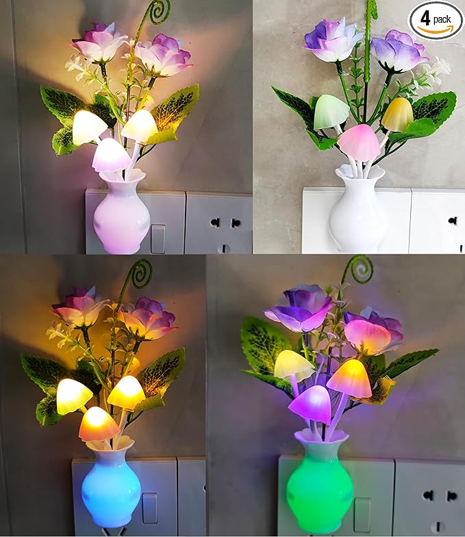 AUSAYE 4 Pack Plug in LED Night Light Sensor Rose Light, Energy Saving Lamp Dream Nightlight Rose Flower Mushroom Night Lights for Kids Adults Bedroom,Bathroom,Stairs,Kitchen,Hallway