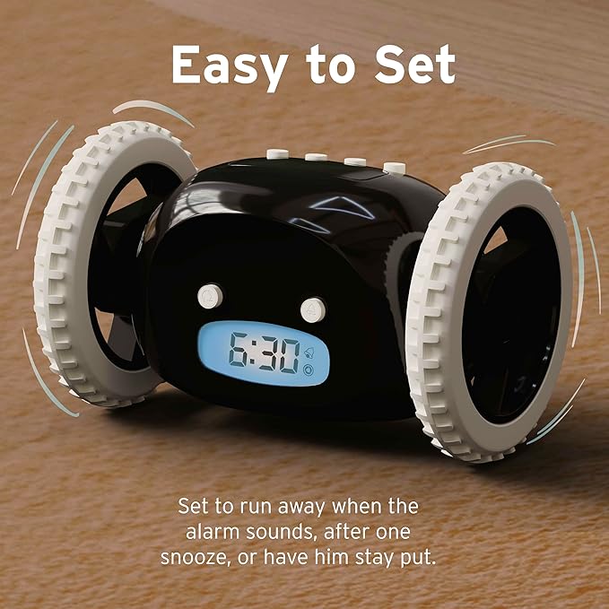 CLOCKY Extra Loud Alarm Clock for Heavy Sleepers on Wheels Rolls Runs Away Vibrating, Easy to Set Super Smart Snooze Digital Bed Shaker Alarm Clock Funny Gift for Adults Kids Teens Bedrooms (Black)