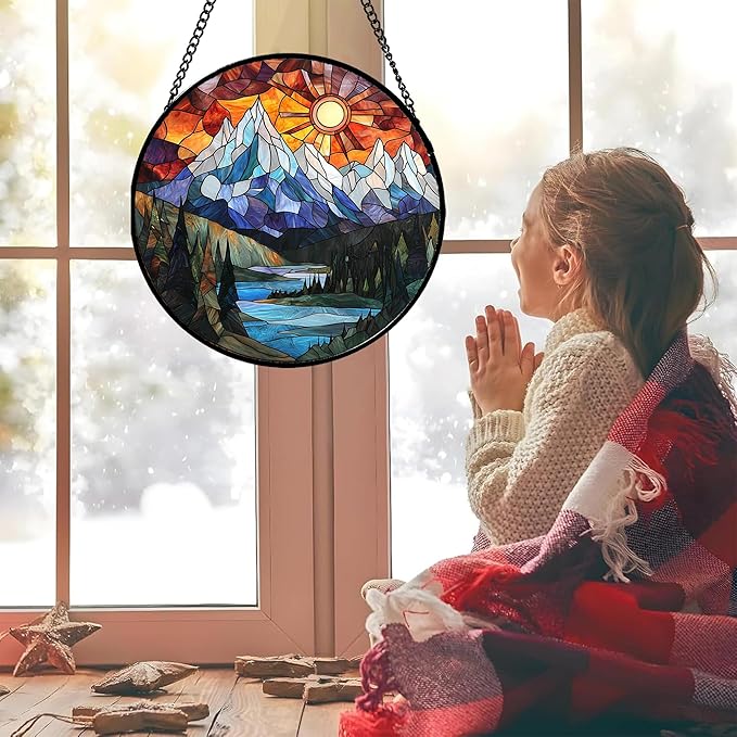 AMDERVEN Stained Glass Window Hanging - Colorful Mountain Lake Landscape Sun Catcher for Door Garden Home Decor Suncatcher Christmas Mother's Day Birthday Gifts for Women Men Mom Nana 11.8 in