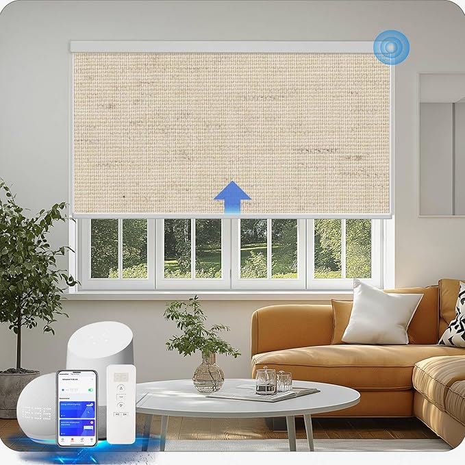 COOLWINDS Motorized Blinds with Remote Cordless Automatic Motorized Shades Custom Blinds for Windows Smart Curtains Compatible with Alexa Google Home(Blackout Linen Soft Dunes,W57 x H72in)