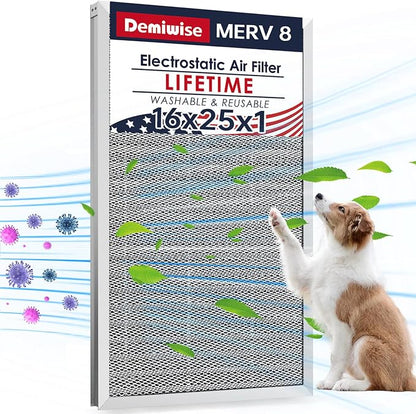 16x25x1 Electrostatic Air Filter, MERV 8 Reusable Aluminum AC/HVAC Furnace by Demiwise
