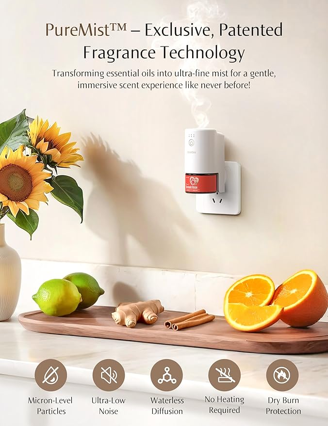 SF101 Pro Waterless Essential Oil Diffuser, Plug in Aromatherapy Diffuser & Non-Toxic air Freshener, 120-Day Natural Aroma Mist, Covers 1000 Sq Ft- Free 30ml Bitter Orange Leaf