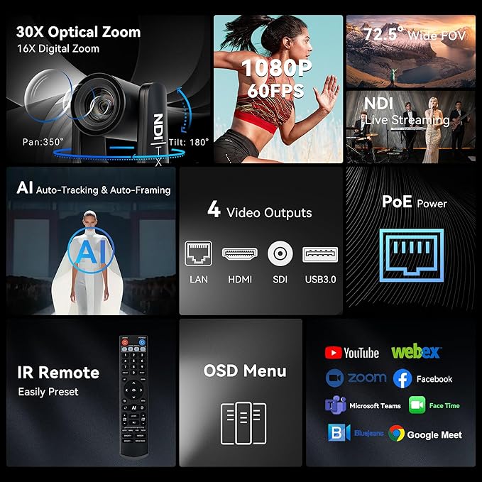 TONGVEO NDI AI Auto-Tracking IP PTZ Camera SDI/HDMI/USB3.0/LAN PoE 30X Optical + 16X Digital Zoom 1080P 60fps for Live Streaming Church Services Education Video Conference with OBS vMix and More