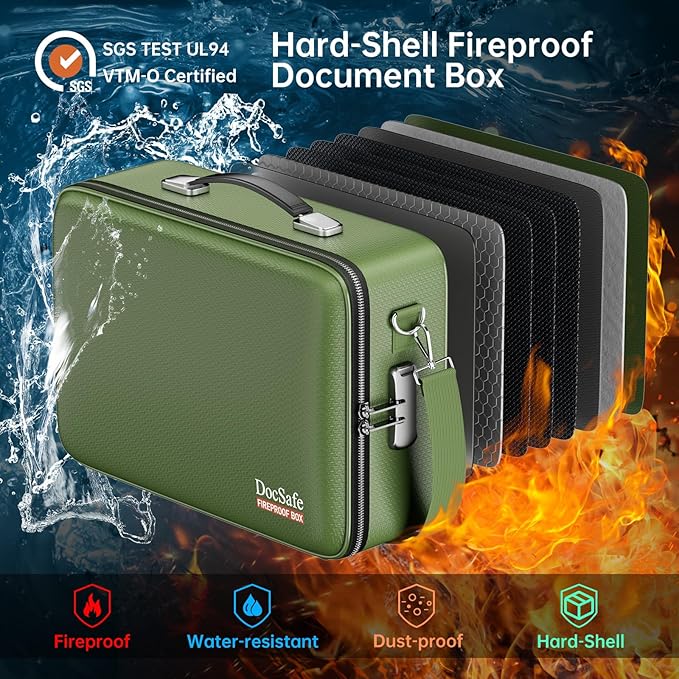 DocSafe Fireproof Document Box with Lock, Hard Case File Organizer with Accordion File Folder, Fireproof Water Resistant Safe Box Home Office Travel Storage for Important Documents Laptop Green