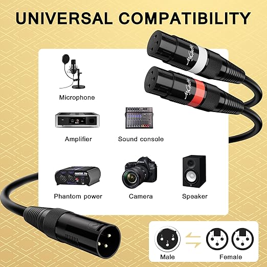 Mygatti XLR Splitter Y-Cable 6 FT, Gold-Plated 3-Pin Male to Dual Female Patch, Bi-Directional Balanced Microphone Adapter Cord, Oxygen-Free Copper