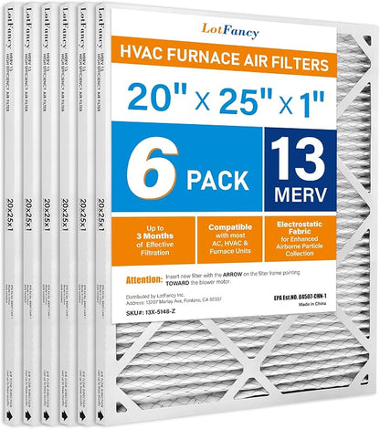 LotFancy 20x25x1 Air Filter MERV 13 6-Pack, Electrostatic Pleated HVAC Furnace by LotFancy