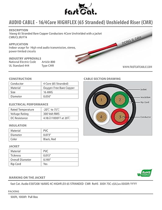 fast Cat. Speaker Wire 16 Guage 4C, UL Listed & CMR/CL3R-FT4 Rated - Speaker Cable w/PVC Jacket, 100% Oxygen-Free Pure Bare Copper - (65) HighFlex 16 Guage Wire - in-Wall Use-500ft Bulk Cable, Purple