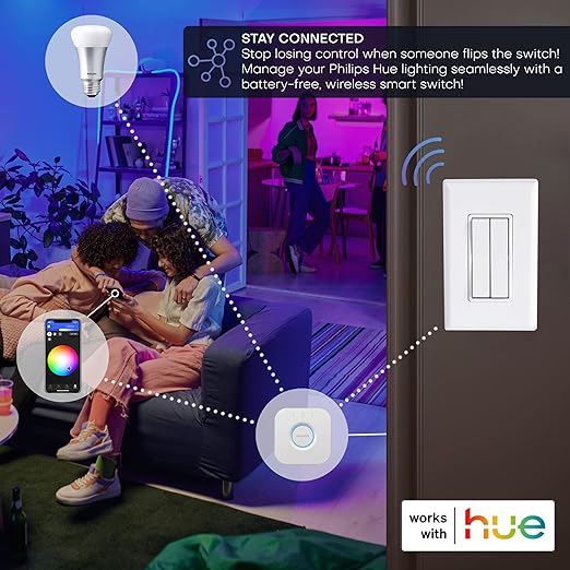 RunLessWire Click for Philips Hue – Battery-Free Wireless Smart Light Switch, 30ft Range – Works Natively with Philips Hue Bridge – Wall Mount Kinetic Switch - Decora Style, White 3 Pack