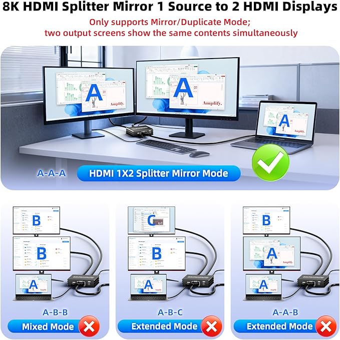 HDMI 2.1 Splitter 1 in 2 Out 4K 120Hz with 8K HDMI Cable and Power Adapter, BolAAzuL 8K 60Hz 1x2 HDMI Y Splitter with Audio Out for Dual Monitors Duplicate, Support HDCP 2.3 HDR for PS5/Xbox/PC/TV