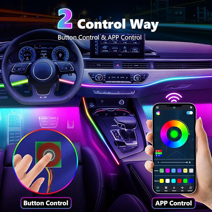Dreamcolor Acrylic Interior Car Lights, AMKI Car LED Strip Light with APP Control, Car Accessories Car Ambient Neon Light Kit with RGB 14 in 1 and 175 inches 593 LEDs, 16 Million Color Sound Activated
