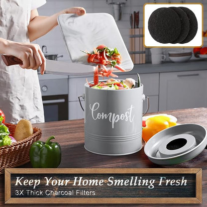 Gray Compost Bin Kitchen, 1.3 Gallon Farmhouse Kitchen Compost Bin Countertop - Image 3