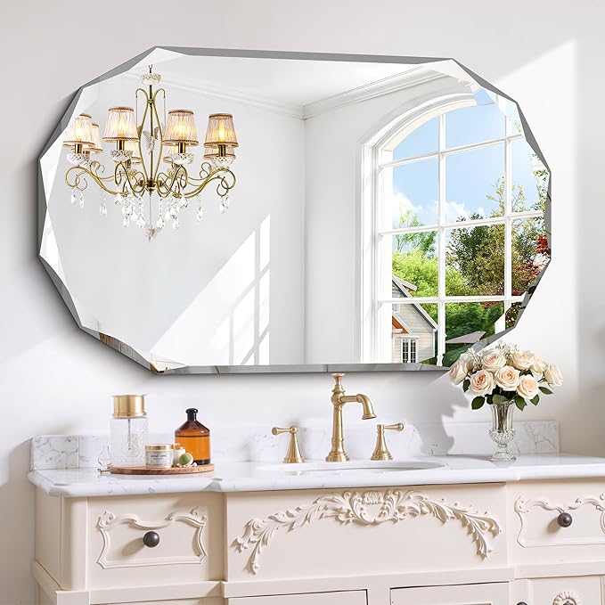 GLASHOM Beveled Edge Frameless Bathroom Mirror, Oval Wall Mirror for Over Sink, 28" x 48" Modern Decorative Vanity Mirror for Bedroom, Living Room, Entryway, Hanging Mirror Horizontal or Vertical