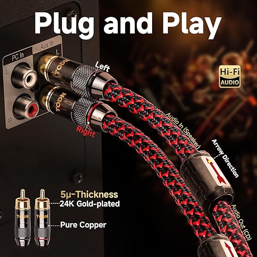 TODN High End RCA Cables for Audiophile RCA Male to Male Stereo Cord for Car Audio, Speaker, Amp - Φ7mm, Nylon Braided Jacket (6.5ft/2m, 1 Pair)