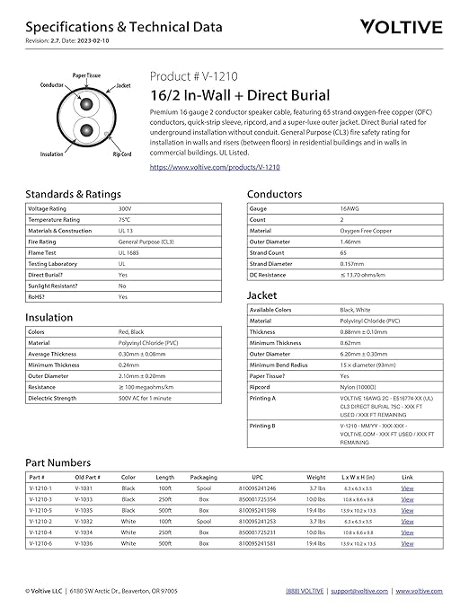 Voltive 16/2 Speaker Wire, in-Wall CL3 & Direct Burial, Black, 500ft - 16AWG, 2 Conductors, Stranded Oxygen-Free Copper, UL Listed - V-1210-5