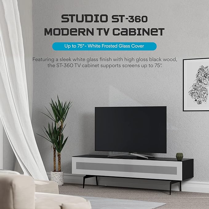 SONOROUS ST-360 Premium TV Stand for Living Room – Modern TV Stands & Entertainment Center with Storage – Black Wood & White Glass Cover – Luxury Media Console with Metal Legs for TVs up to 75 inches