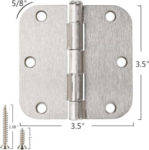 24 Pack Interior Satin Door Hinges Brushed Nickel 3.5 Inch x 3 1/2" 5/8" Rudius Rounded Heavy Duty Metal Iron Hinge 3 ½ Bifold Standard Doors Hardware Fittings for Flat,Bed/Storage/Basement Room